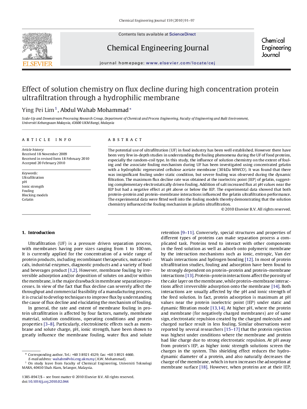 عکس صفحه اول مقاله: Effect of solution chemistry on flux decline during high concentration protein ultrafiltration through a hydrophilic membrane Effect of solution chemistry on flux decline during high concentration protein ultrafiltration through a hydrophilic membrane