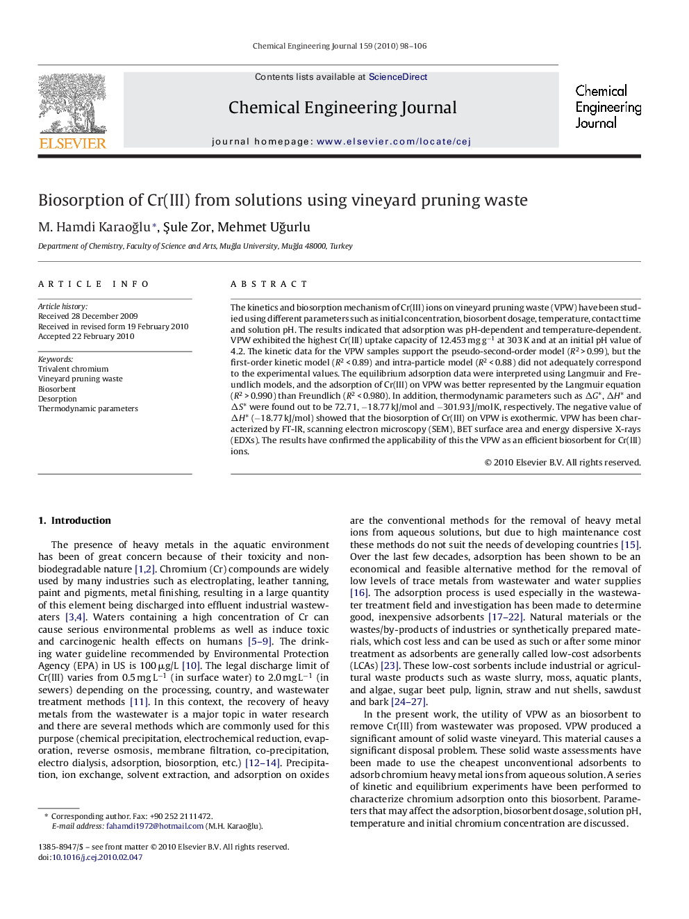 Biosorption of Cr(III) from solutions using vineyard pruning waste