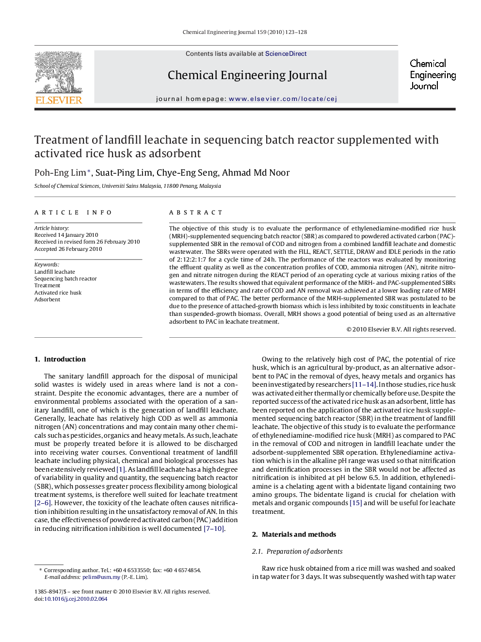 Treatment of landfill leachate in sequencing batch reactor supplemented with activated rice husk as adsorbent