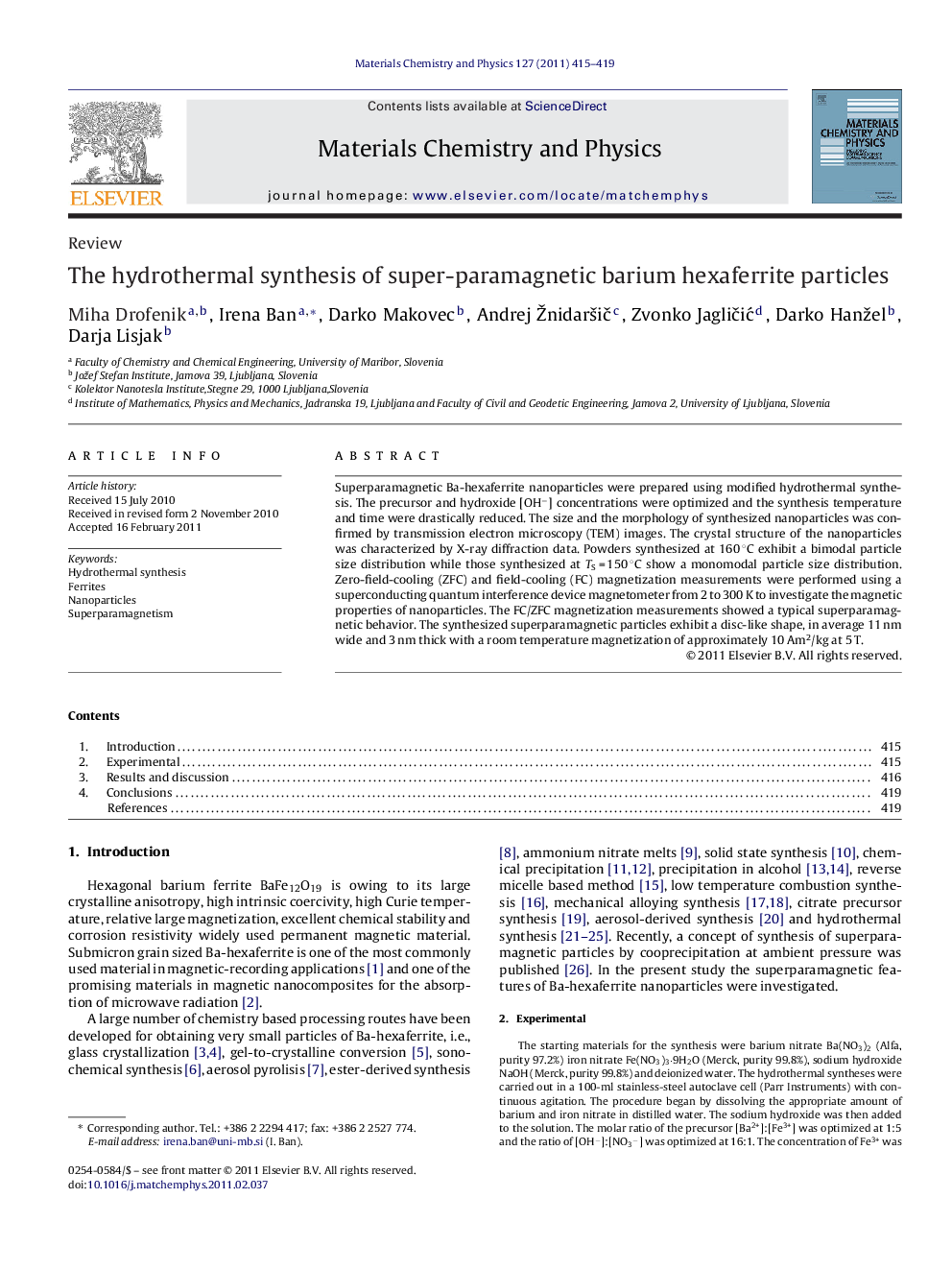 The hydrothermal synthesis of super-paramagnetic barium hexaferrite particles