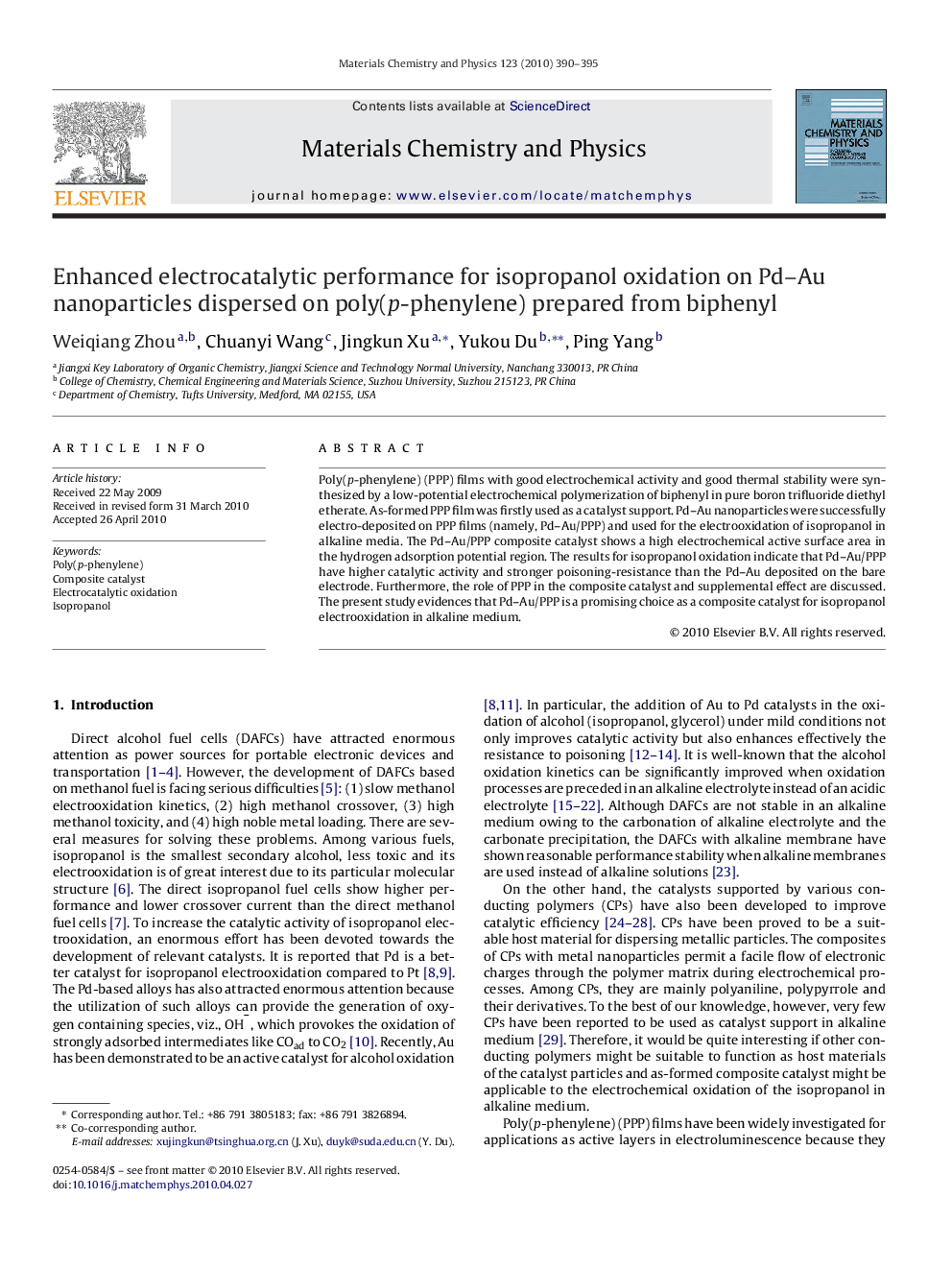 Enhanced electrocatalytic performance for isopropanol oxidation on Pd-Au nanoparticles dispersed on poly(p-phenylene) prepared from biphenyl