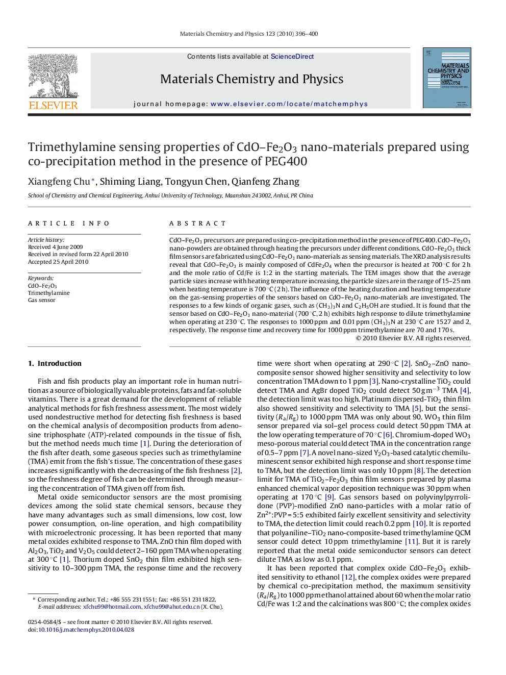 Trimethylamine sensing properties of CdO–Fe2O3 nano-materials prepared using co-precipitation method in the presence of PEG400