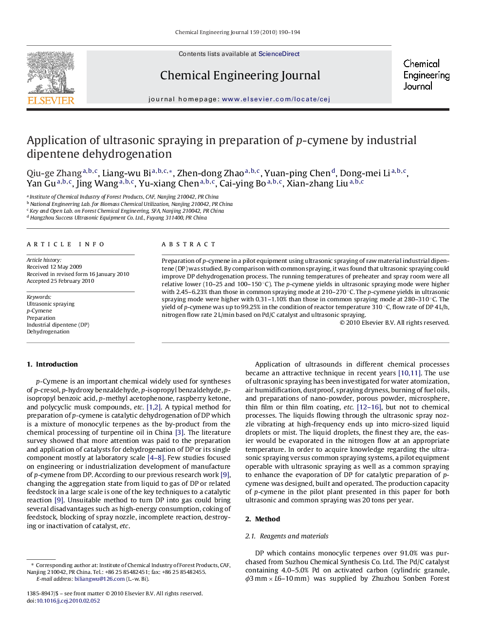 Application of ultrasonic spraying in preparation of p-cymene by industrial dipentene dehydrogenation