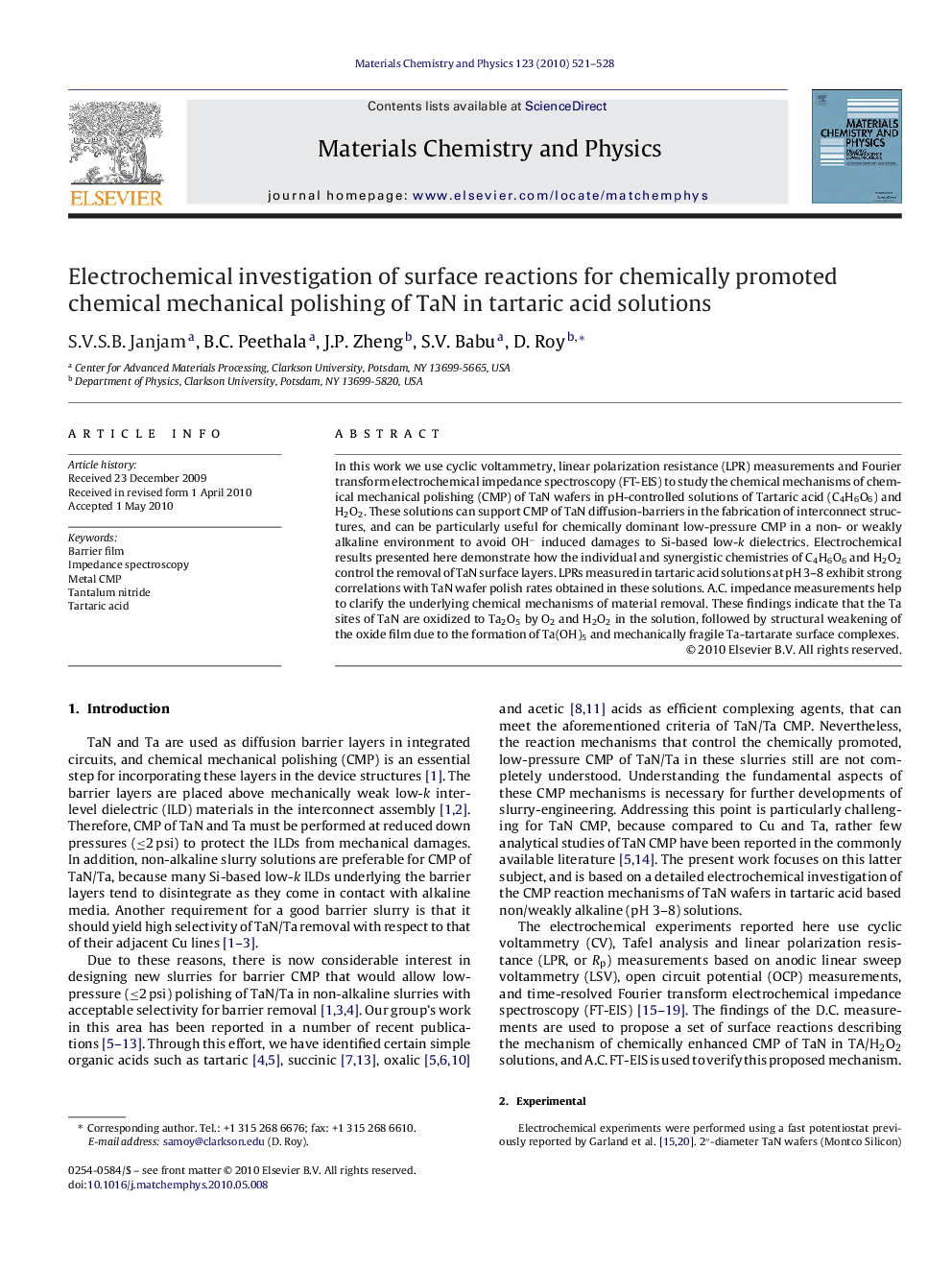 Electrochemical investigation of surface reactions for chemically promoted chemical mechanical polishing of TaN in tartaric acid solutions