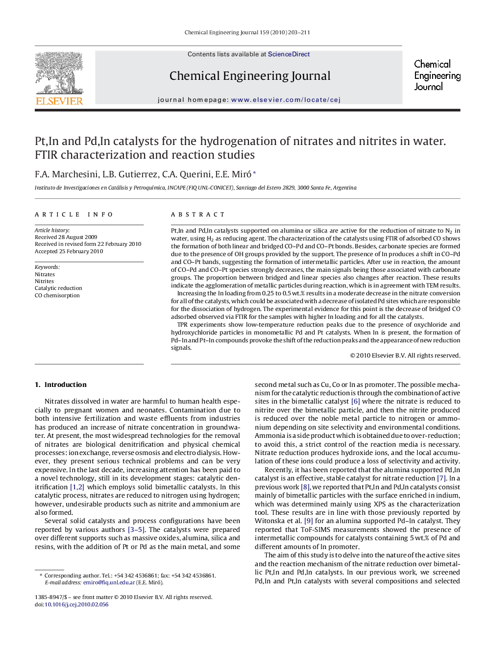 Pt,In and Pd,In catalysts for the hydrogenation of nitrates and nitrites in water. FTIR characterization and reaction studies