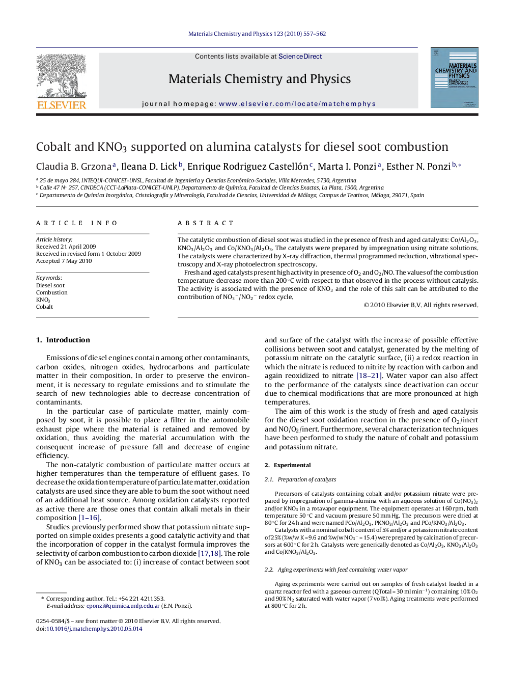 Cobalt and KNO3 supported on alumina catalysts for diesel soot combustion