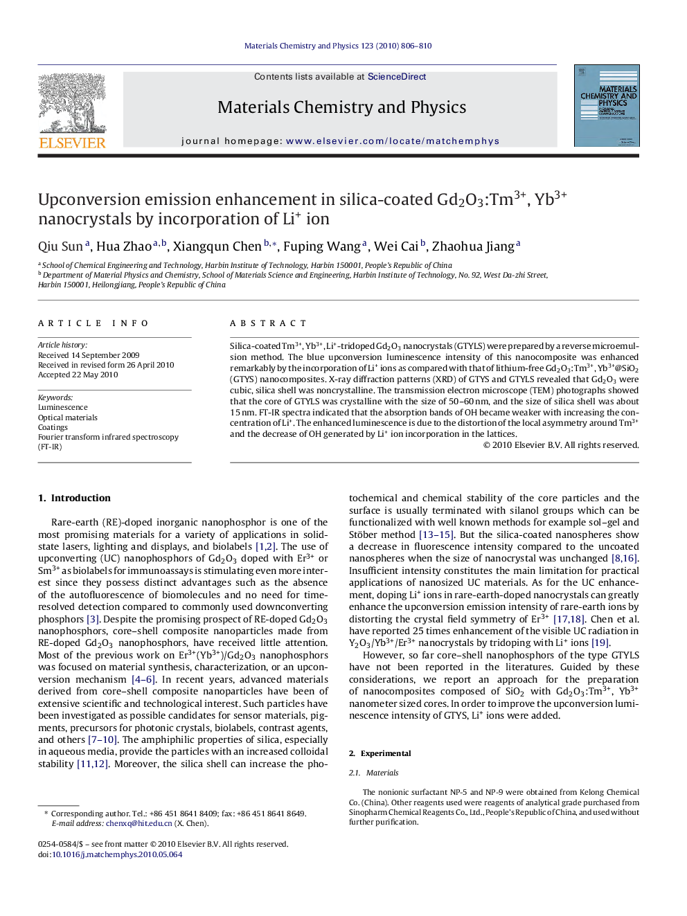 Upconversion emission enhancement in silica-coated Gd2O3:Tm3+, Yb3+ nanocrystals by incorporation of Li+ ion