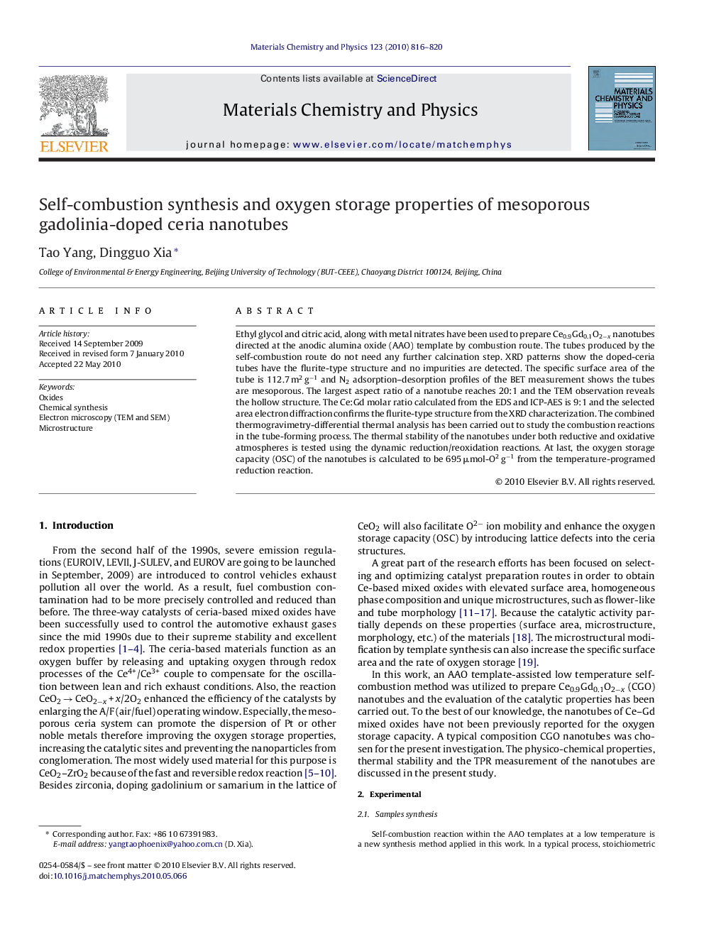 Self-combustion synthesis and oxygen storage properties of mesoporous gadolinia-doped ceria nanotubes