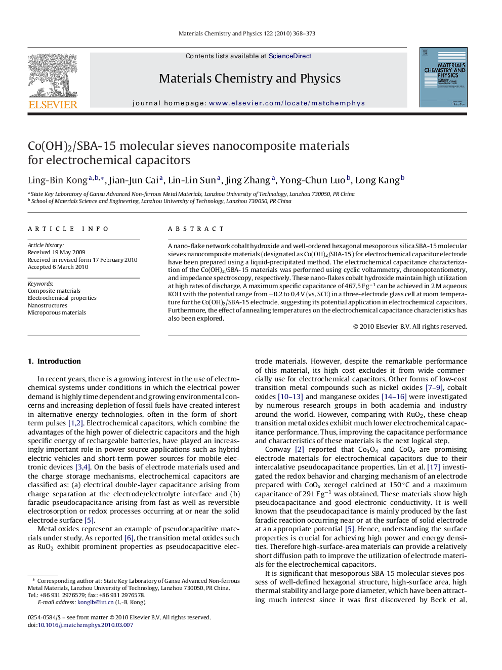 Co(OH)2/SBA-15 molecular sieves nanocomposite materials for electrochemical capacitors