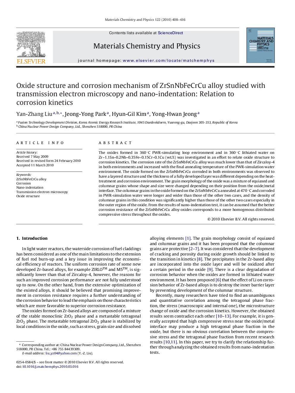 Oxide structure and corrosion mechanism of ZrSnNbFeCrCu alloy studied with transmission electron microscopy and nano-indentation: Relation to corrosion kinetics