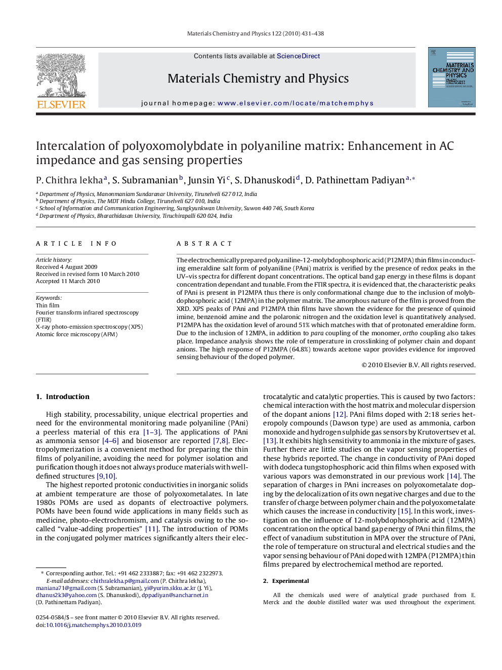 Intercalation of polyoxomolybdate in polyaniline matrix: Enhancement in AC impedance and gas sensing properties