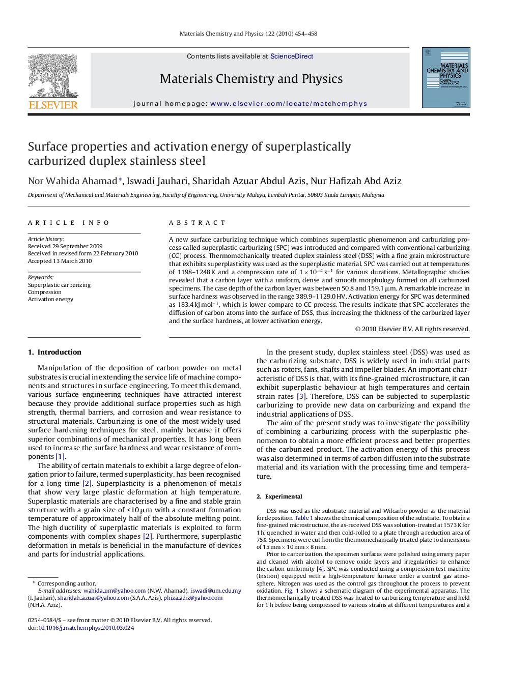 Surface properties and activation energy of superplastically carburized duplex stainless steel