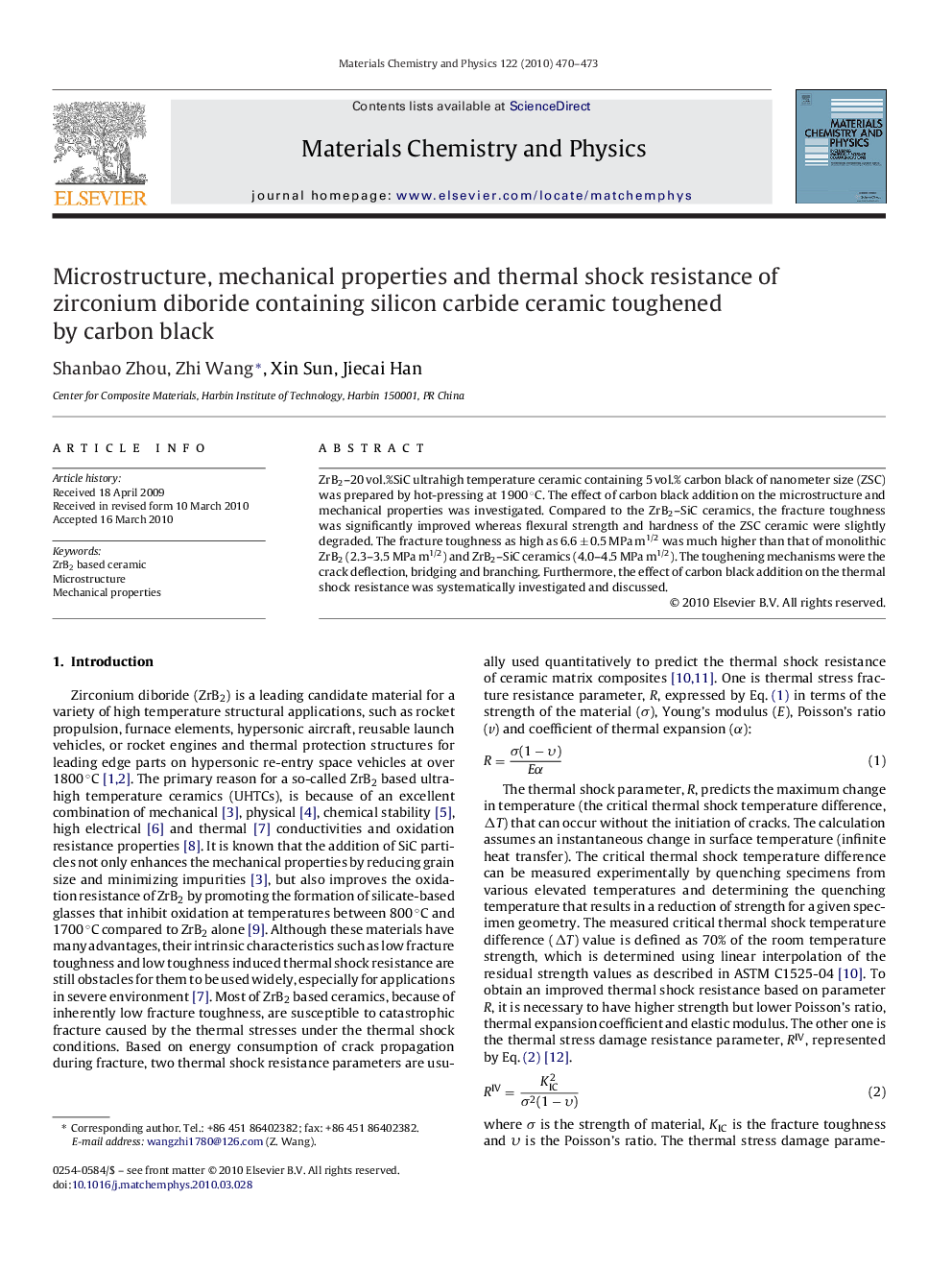 Microstructure, mechanical properties and thermal shock resistance of zirconium diboride containing silicon carbide ceramic toughened by carbon black