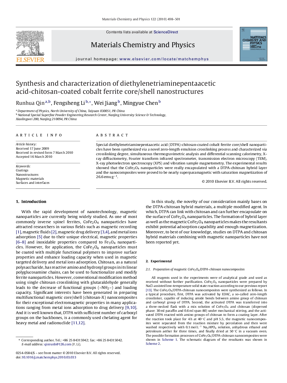 Synthesis and characterization of diethylenetriaminepentaacetic acid-chitosan-coated cobalt ferrite core/shell nanostructures