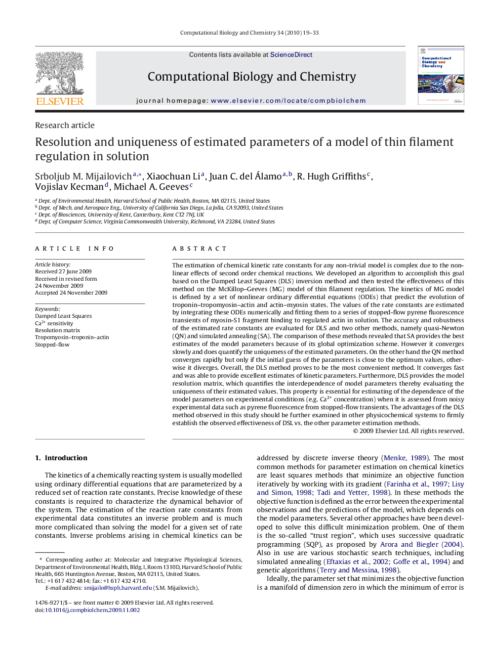 Resolution and uniqueness of estimated parameters of a model of thin filament regulation in solution