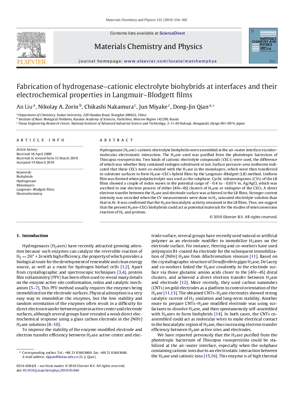 Fabrication of hydrogenase-cationic electrolyte biohybrids at interfaces and their electrochemical properties in Langmuir-Blodgett films