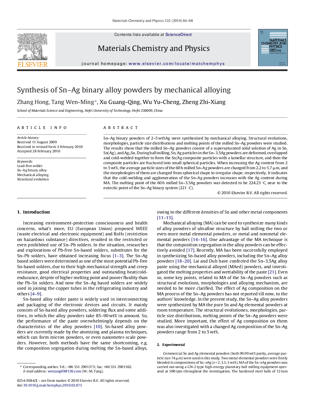 Synthesis of Sn–Ag binary alloy powders by mechanical alloying