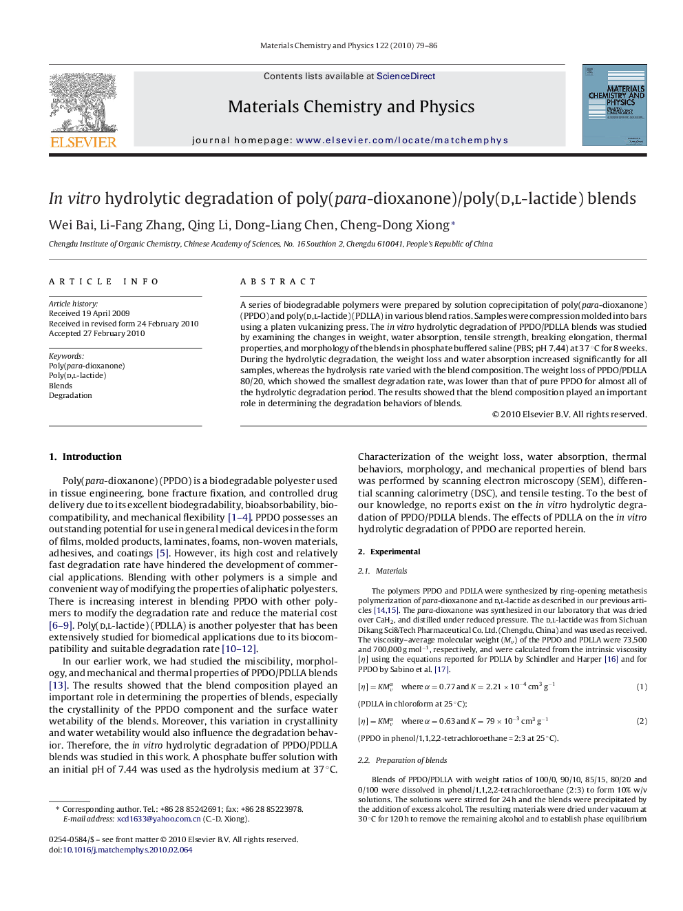 In vitro hydrolytic degradation of poly(para-dioxanone)/poly(d,l-lactide) blends