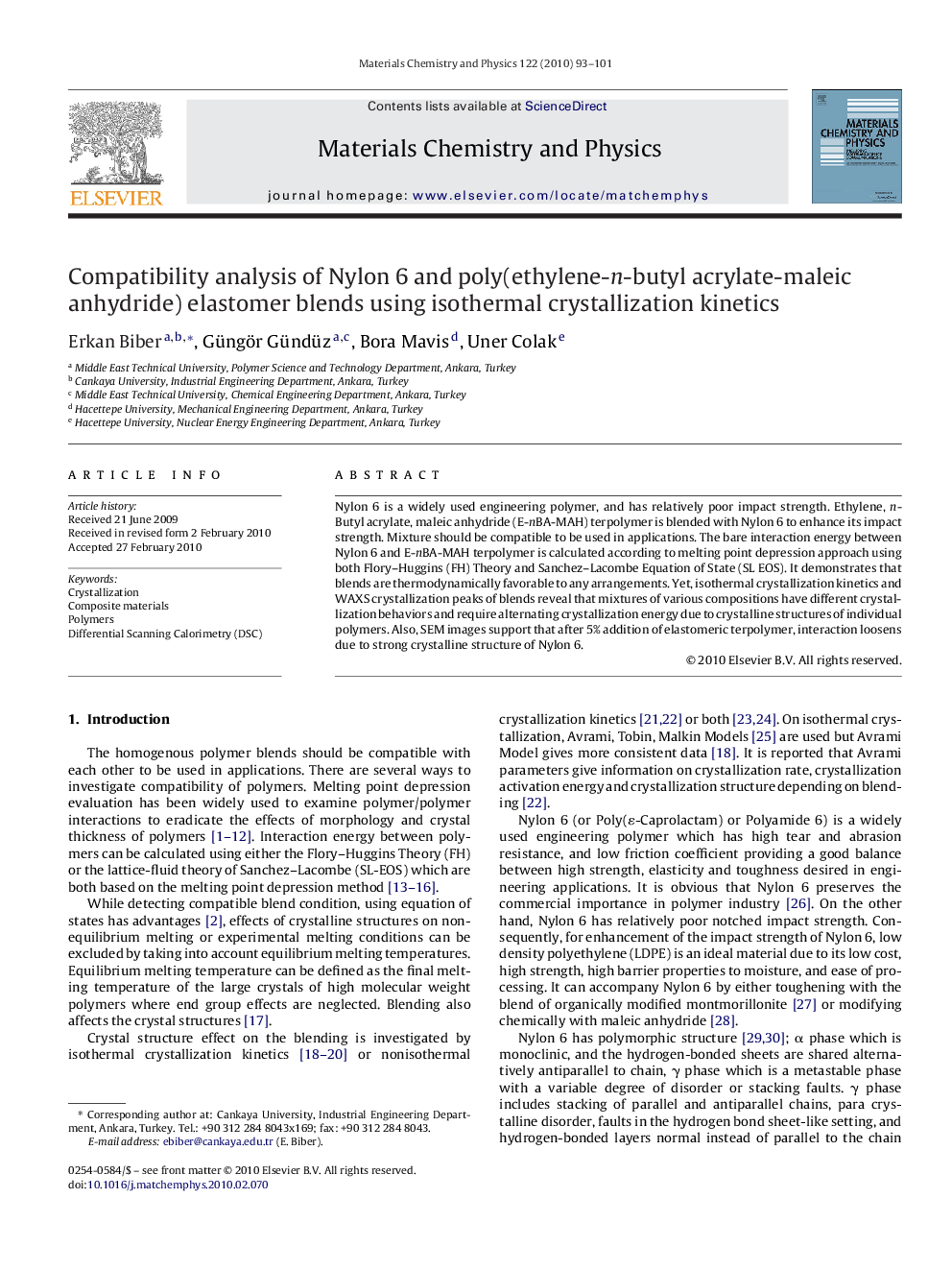 Compatibility analysis of Nylon 6 and poly(ethylene-n-butyl acrylate-maleic anhydride) elastomer blends using isothermal crystallization kinetics