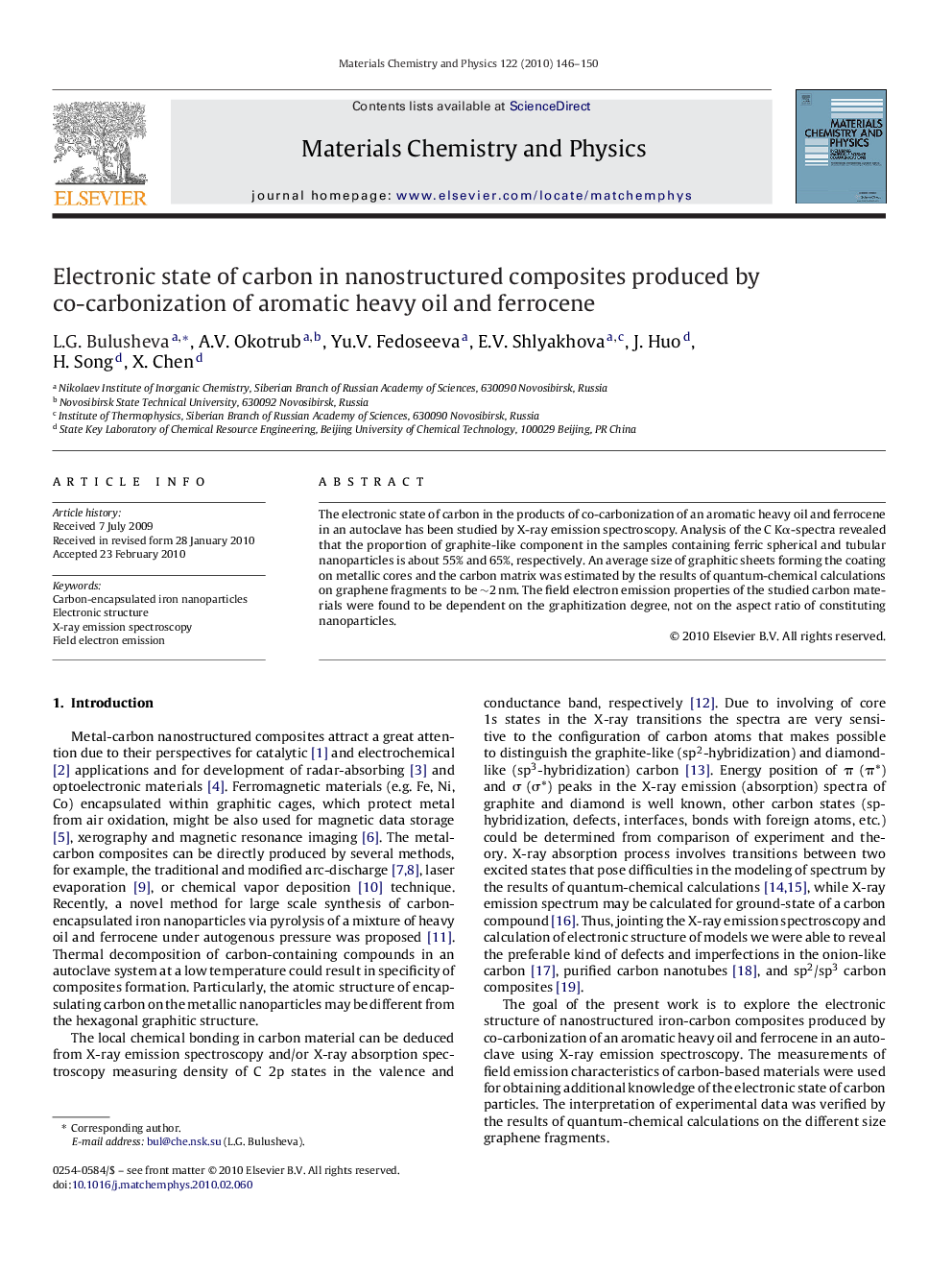 Electronic state of carbon in nanostructured composites produced by co-carbonization of aromatic heavy oil and ferrocene