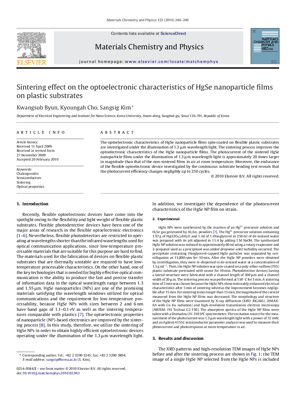 Sintering effect on the optoelectronic characteristics of HgSe nanoparticle films on plastic substrates