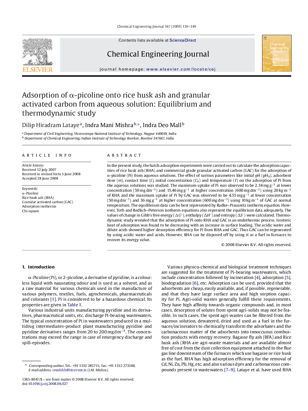 Adsorption of α-picoline onto rice husk ash and granular activated carbon from aqueous solution: Equilibrium and thermodynamic study