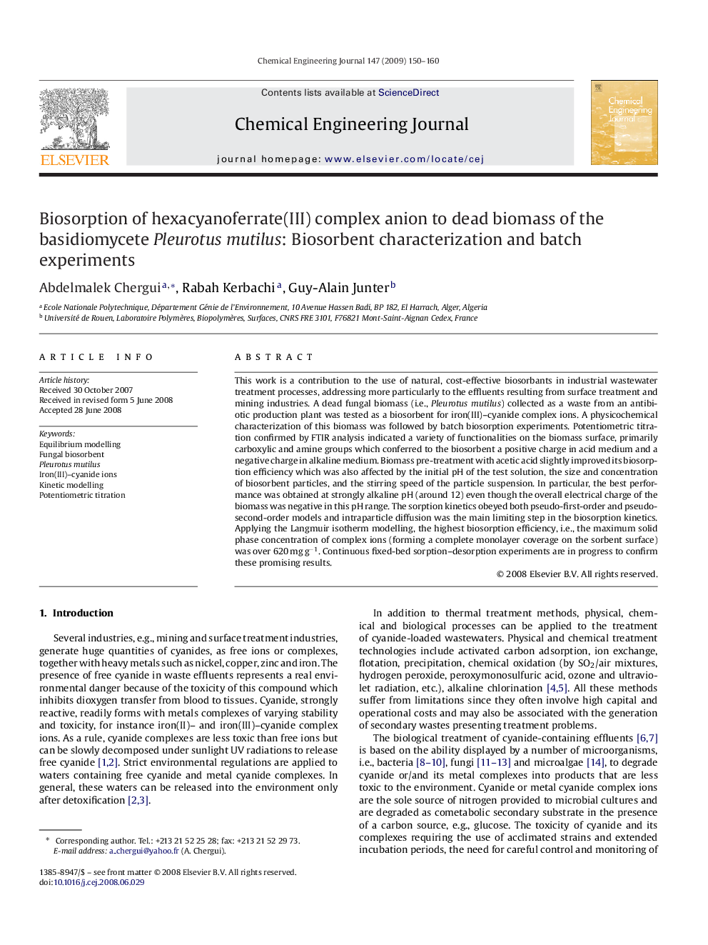 Biosorption of hexacyanoferrate(III) complex anion to dead biomass of the basidiomycete Pleurotus mutilus: Biosorbent characterization and batch experiments