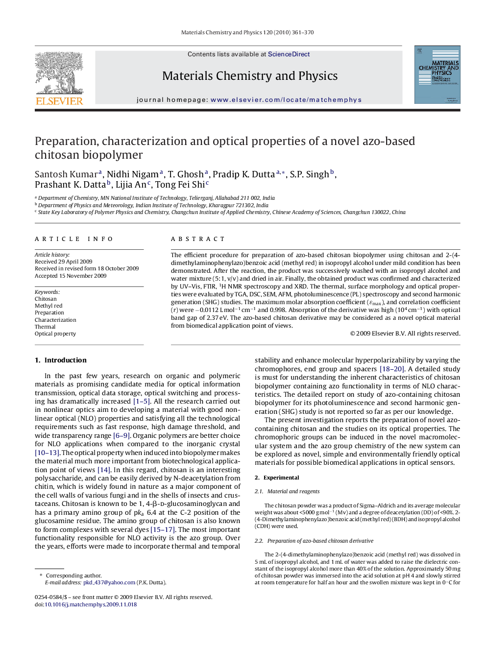 عکس صفحه اول مقاله: Preparation, characterization and optical properties of a novel azo-based chitosan biopolymer Preparation, characterization and optical properties of a novel azo-based chitosan biopolymer