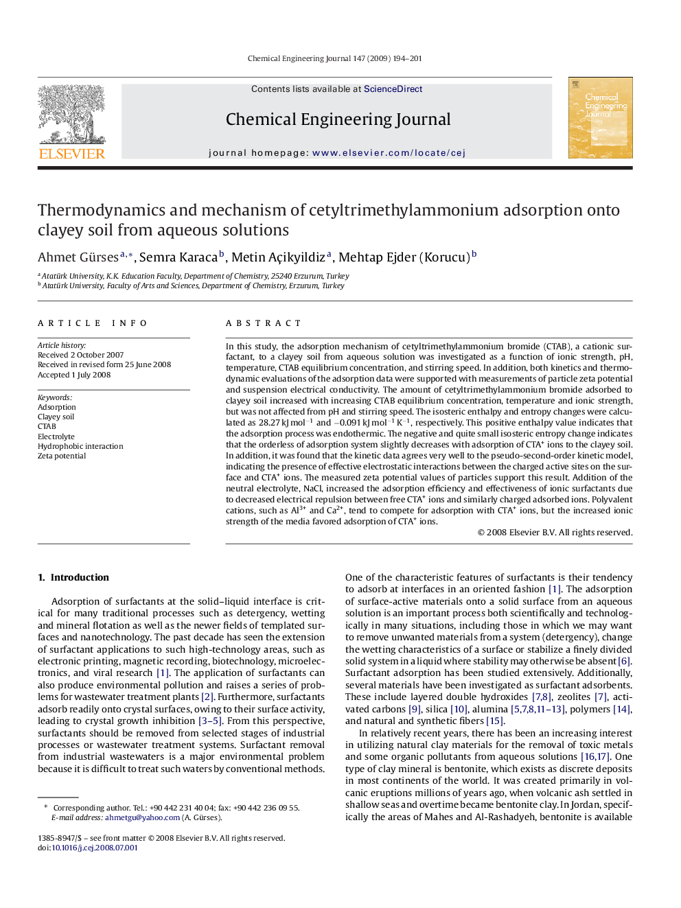 Thermodynamics and mechanism of cetyltrimethylammonium adsorption onto clayey soil from aqueous solutions