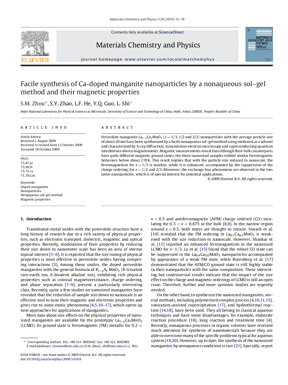 Facile synthesis of Ca-doped manganite nanoparticles by a nonaqueous sol–gel method and their magnetic properties