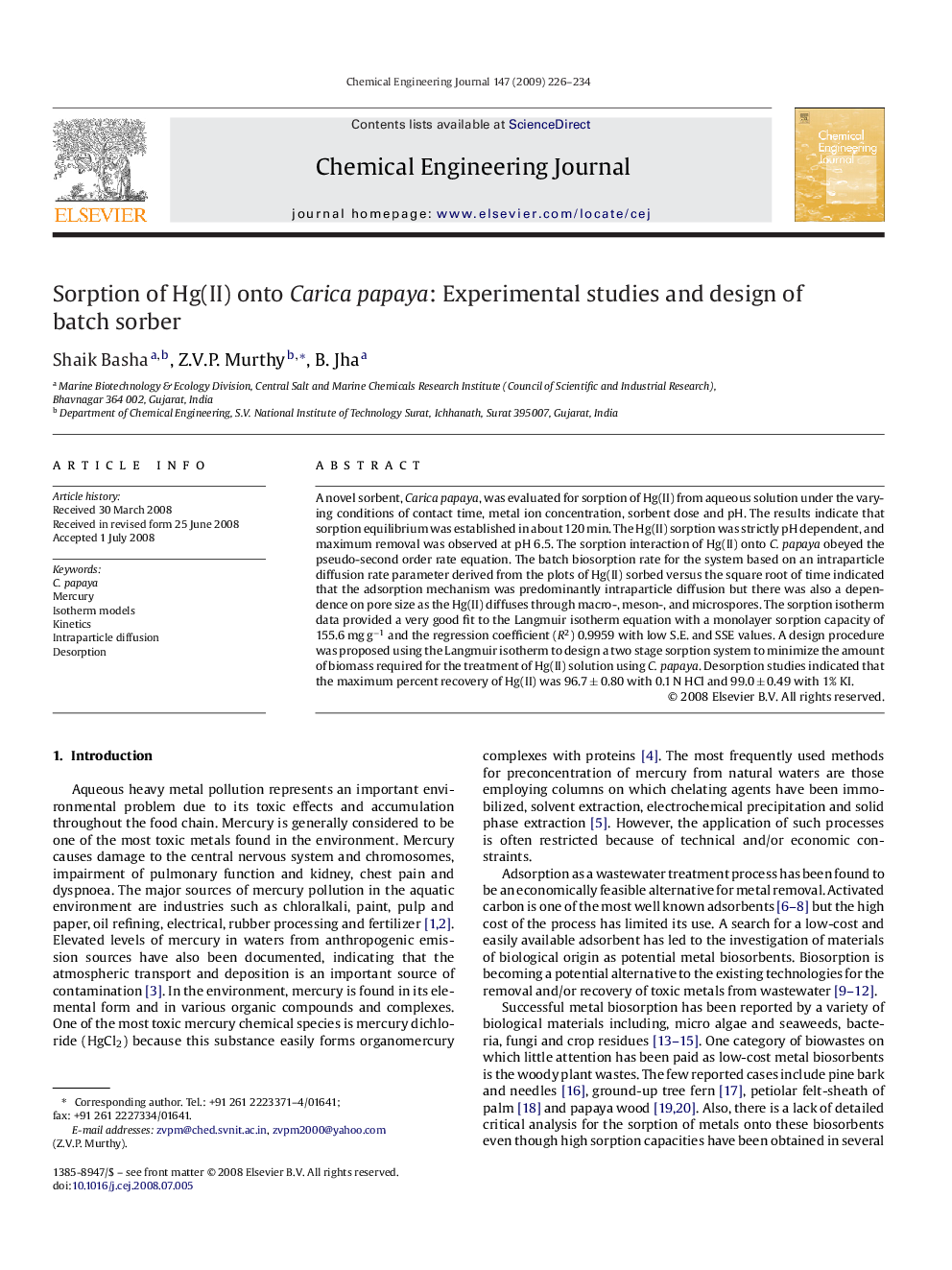 Sorption of Hg(II) onto Carica papaya: Experimental studies and design of batch sorber