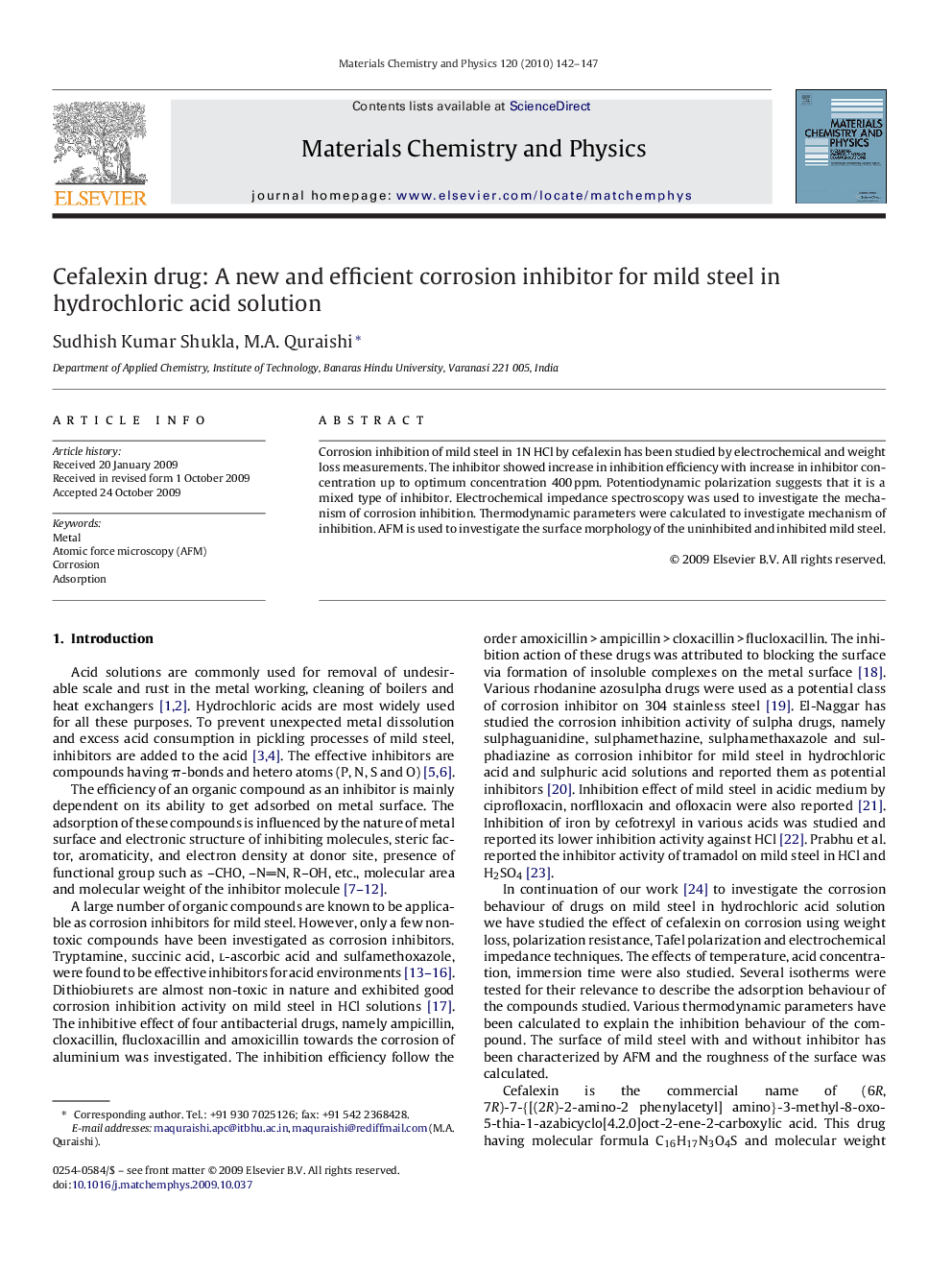 Cefalexin drug: A new and efficient corrosion inhibitor for mild steel in hydrochloric acid solution