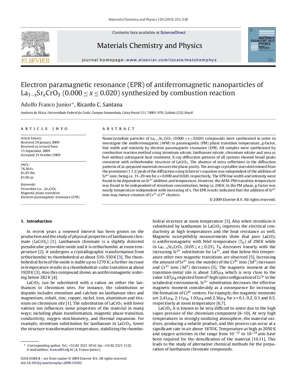 Electron paramagnetic resonance (EPR) of antiferromagnetic nanoparticles of La1−xSrxCrO3 (0.000 ≤ x ≤ 0.020) synthesized by combustion reaction