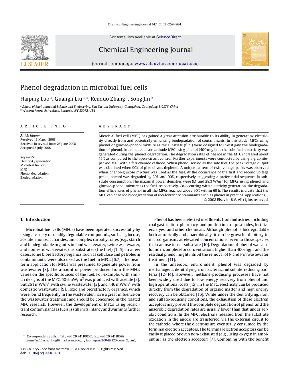 Phenol degradation in microbial fuel cells