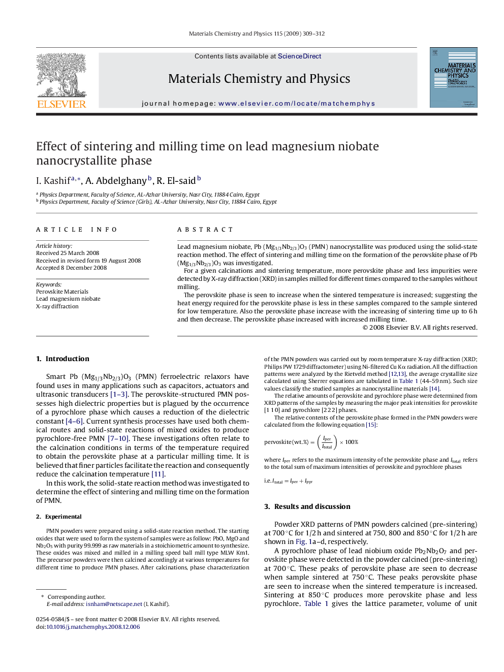 Effect of sintering and milling time on lead magnesium niobate nanocrystallite phase