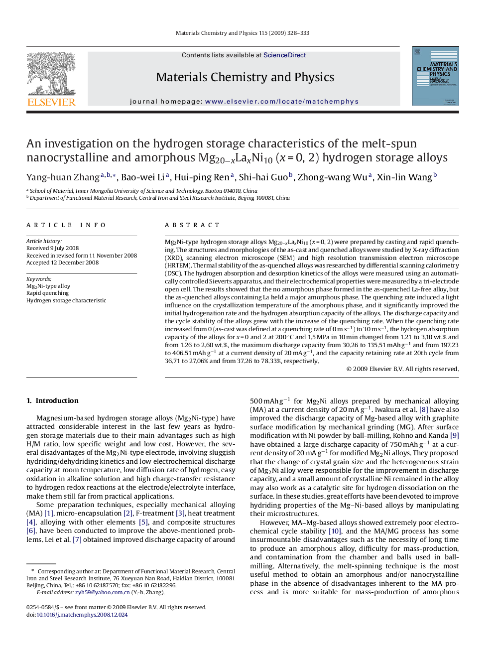 An investigation on the hydrogen storage characteristics of the melt-spun nanocrystalline and amorphous Mg20−xLaxNi10 (x = 0, 2) hydrogen storage alloys