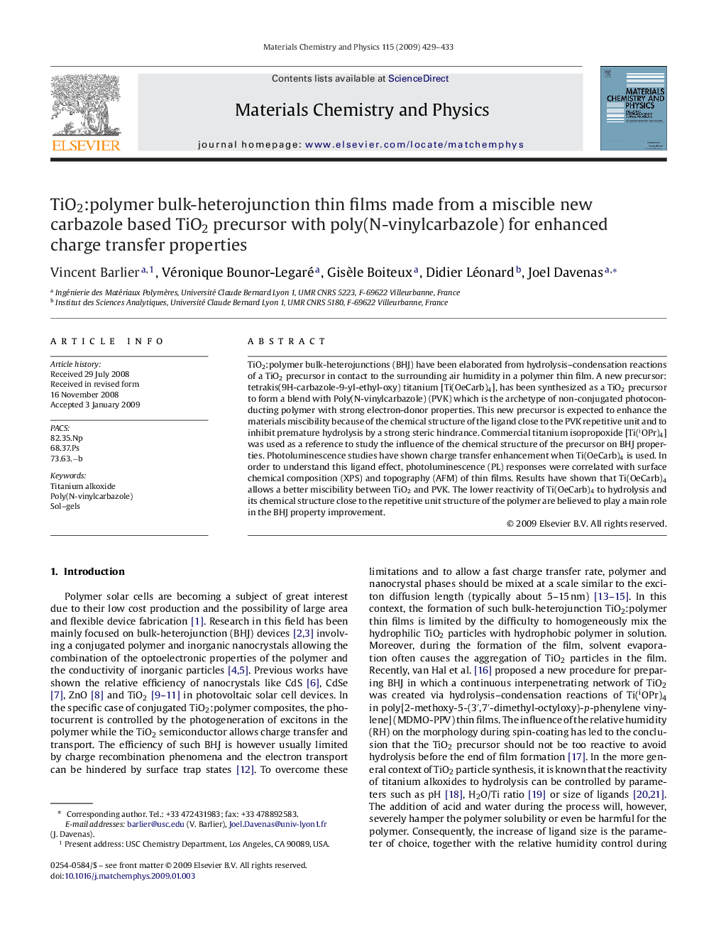 TiO2:polymer bulk-heterojunction thin films made from a miscible new carbazole based TiO2 precursor with poly(N-vinylcarbazole) for enhanced charge transfer properties