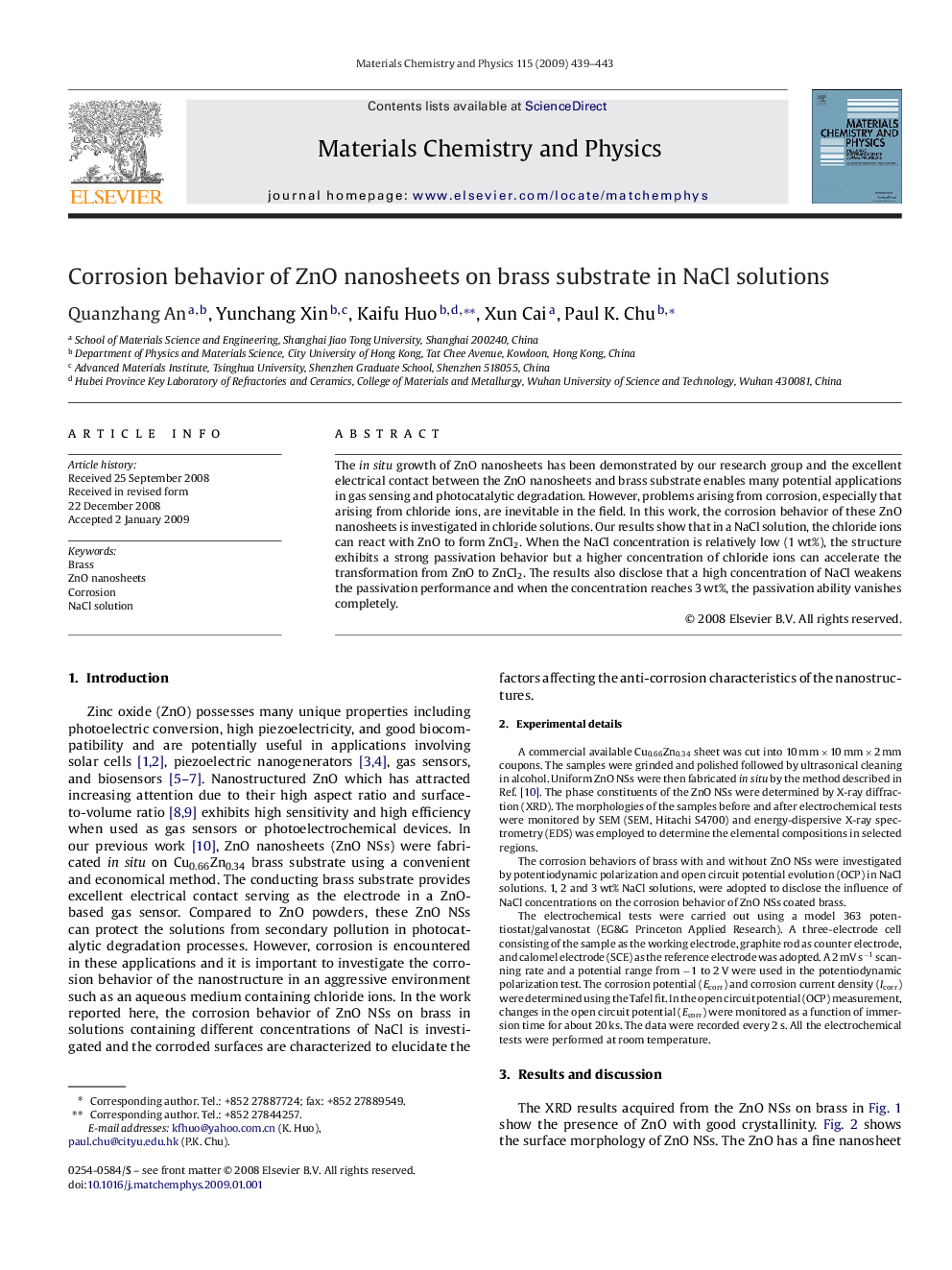 Corrosion behavior of ZnO nanosheets on brass substrate in NaCl solutions