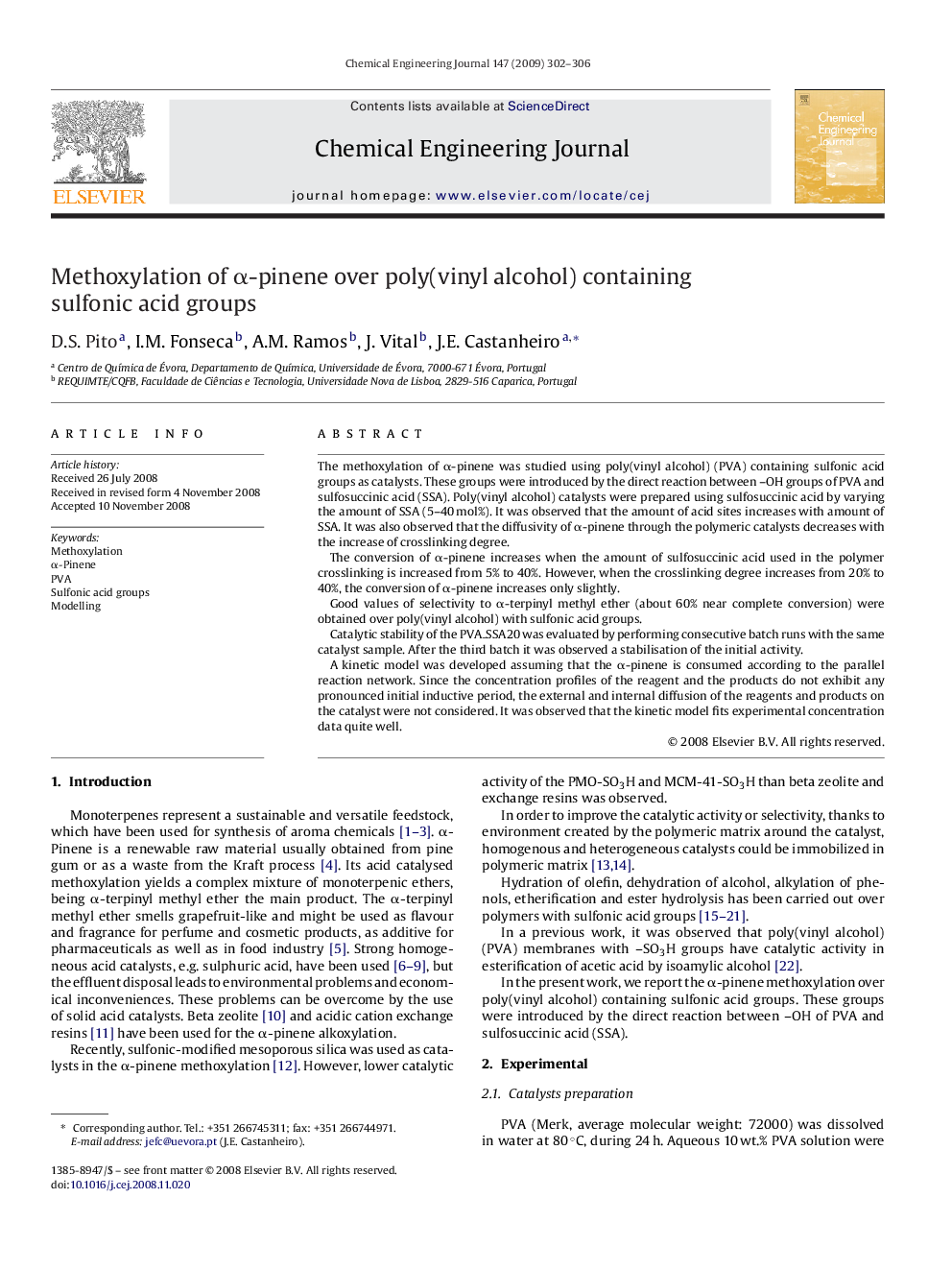 Methoxylation of α-pinene over poly(vinyl alcohol) containing sulfonic acid groups