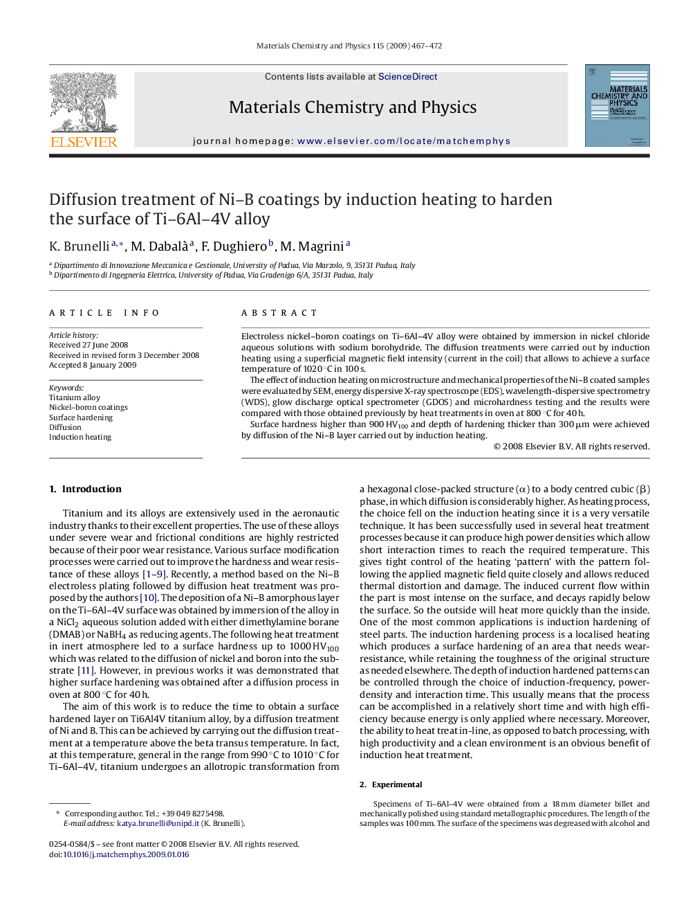 Diffusion treatment of Ni–B coatings by induction heating to harden the surface of Ti–6Al–4V alloy