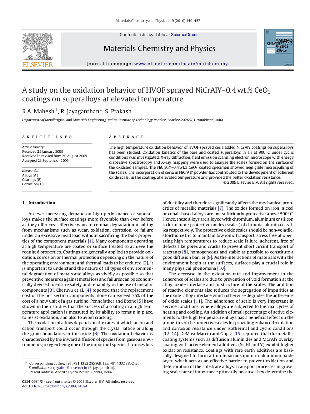 A study on the oxidation behavior of HVOF sprayed NiCrAlY–0.4 wt.% CeO2 coatings on superalloys at elevated temperature