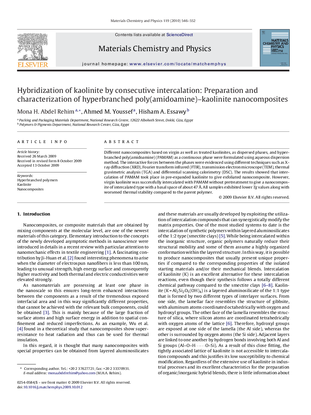 Hybridization of kaolinite by consecutive intercalation: Preparation and characterization of hyperbranched poly(amidoamine)–kaolinite nanocomposites