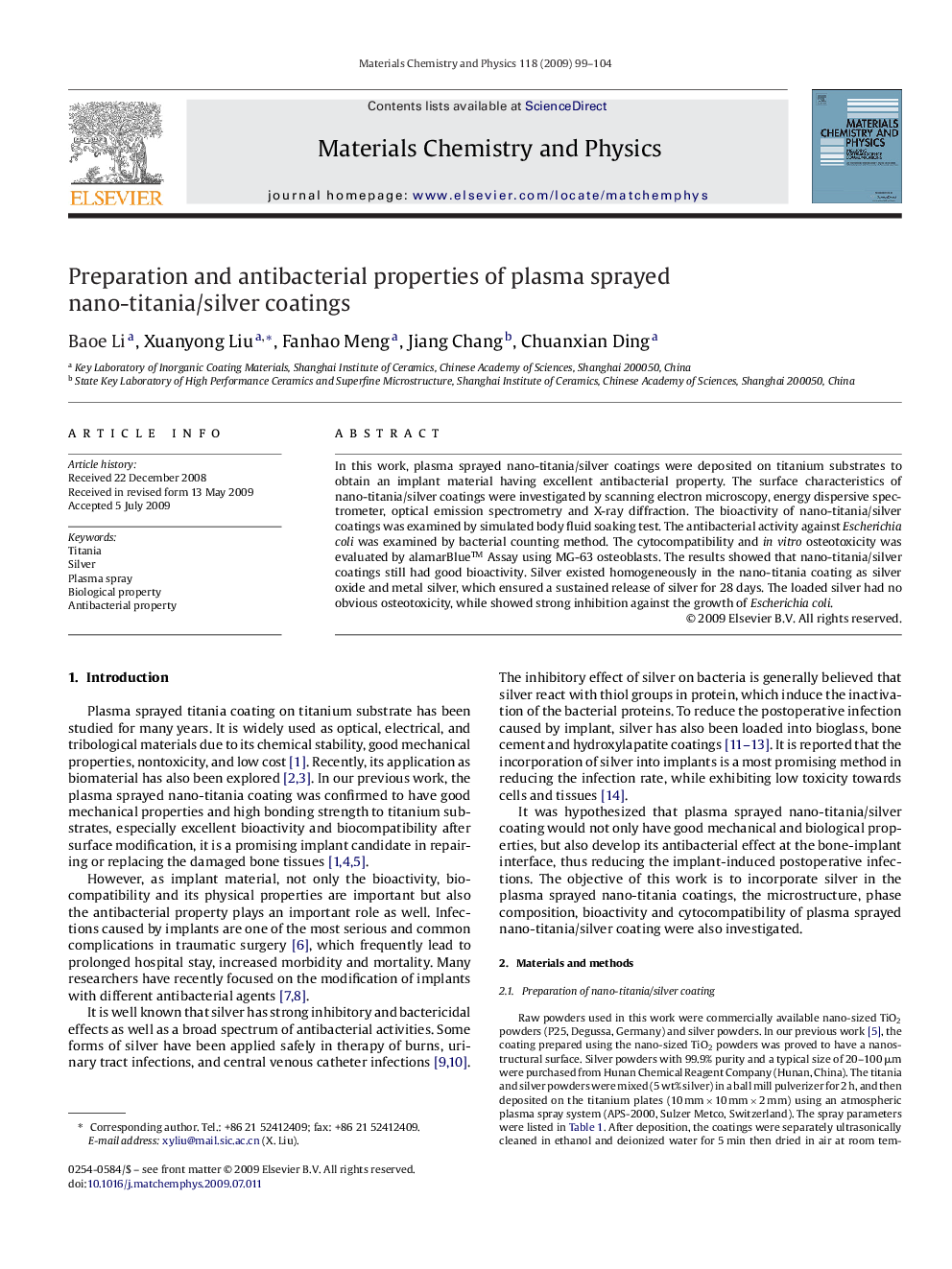 Preparation and antibacterial properties of plasma sprayed nano-titania/silver coatings