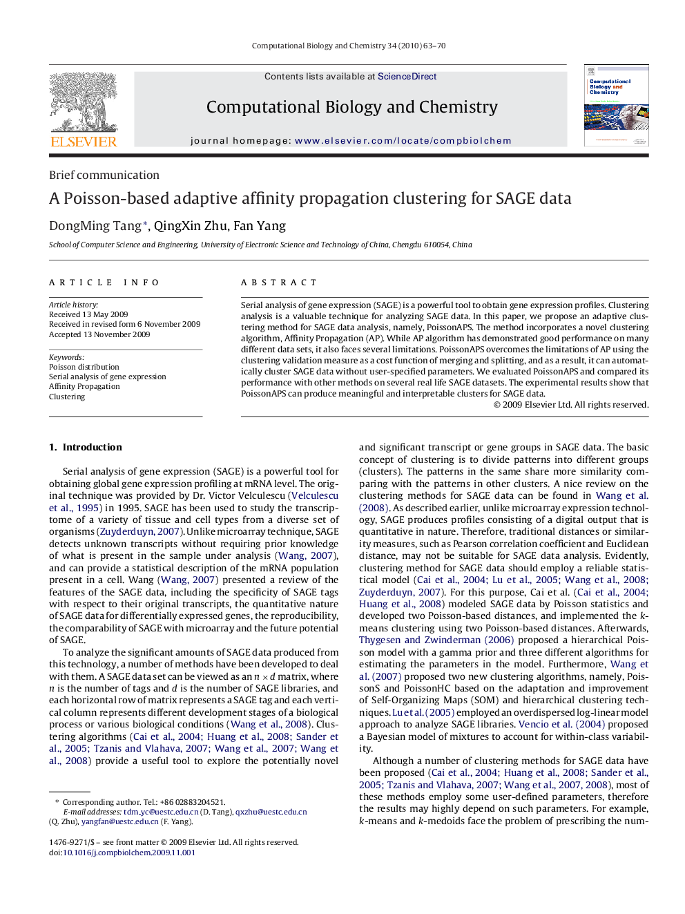 A Poisson-based adaptive affinity propagation clustering for SAGE data