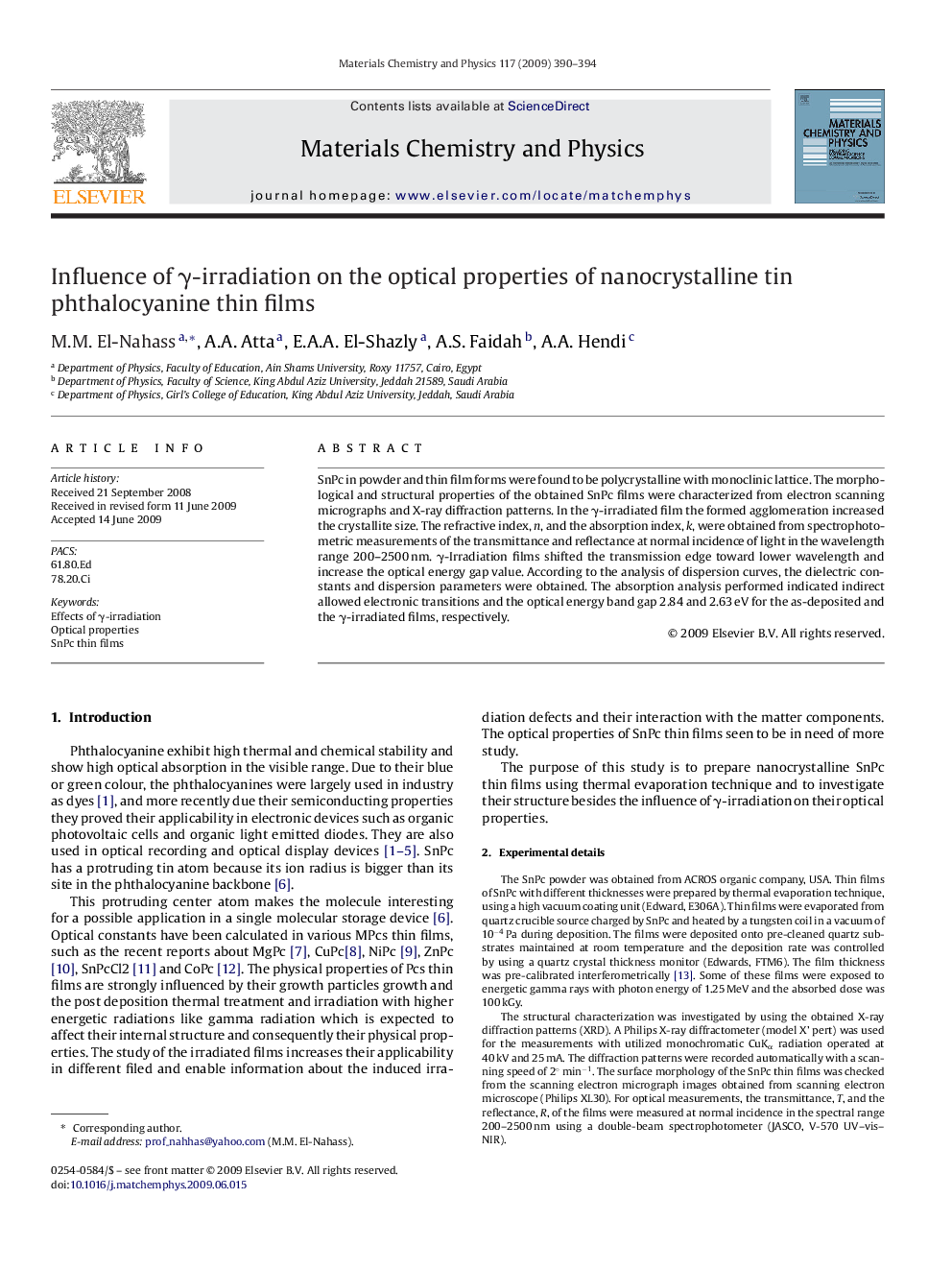 Influence of γ-irradiation on the optical properties of nanocrystalline tin phthalocyanine thin films
