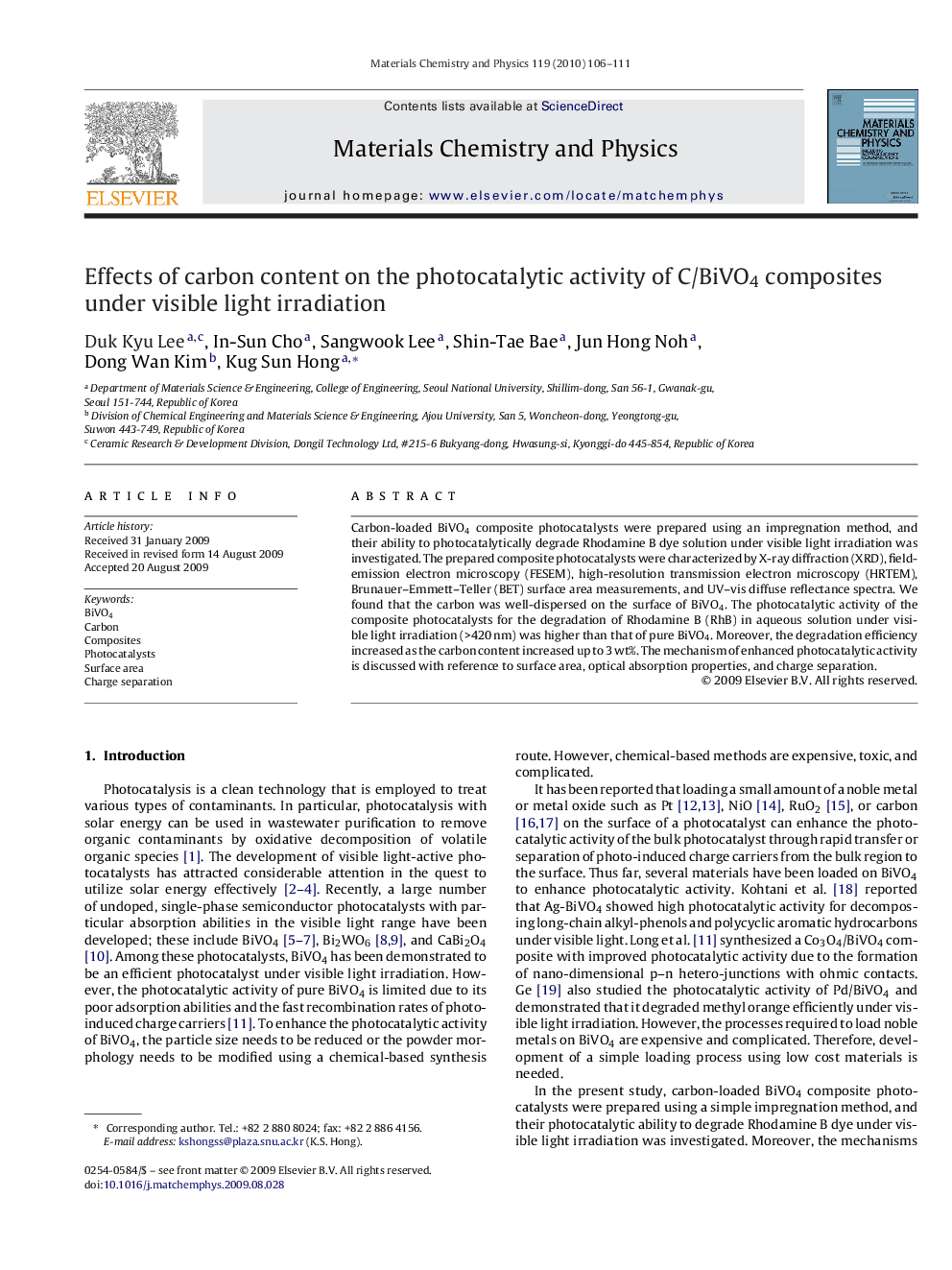 Effects of carbon content on the photocatalytic activity of C/BiVO4 composites under visible light irradiation