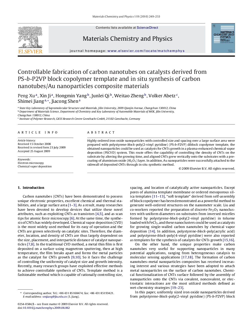 Controllable fabrication of carbon nanotubes on catalysts derived from PS-b-P2VP block copolymer template and in situ synthesis of carbon nanotubes/Au nanoparticles composite materials