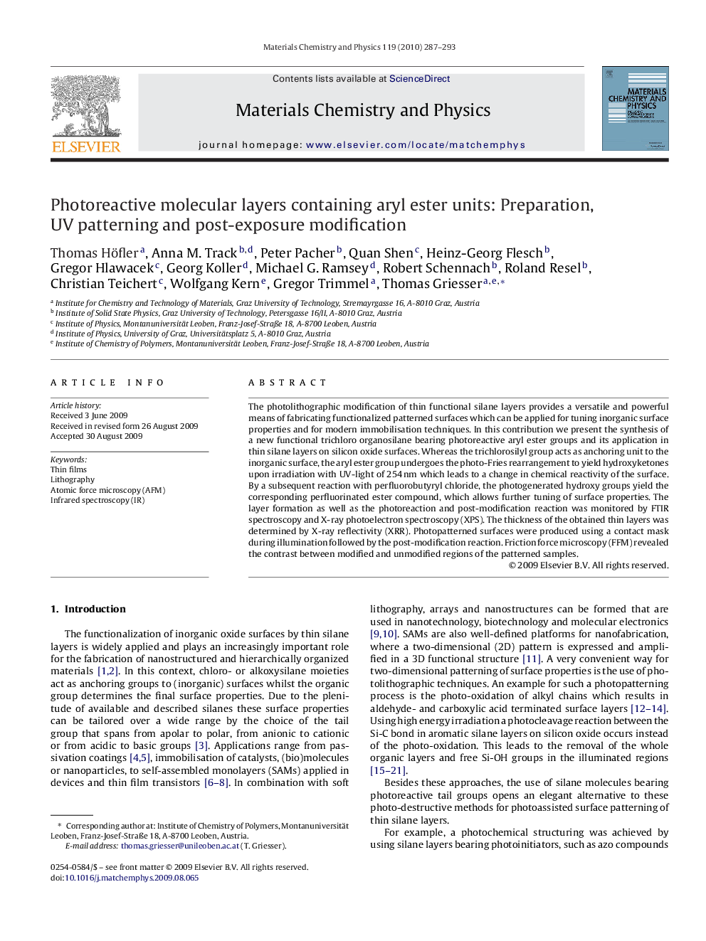 Photoreactive molecular layers containing aryl ester units: Preparation, UV patterning and post-exposure modification