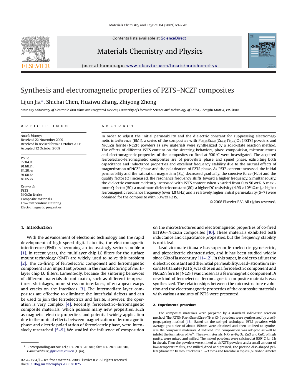 عکس صفحه اول مقاله: Synthesis and electromagnetic properties of PZTS–NCZF composites Synthesis and electromagnetic properties of PZTS–NCZF composites