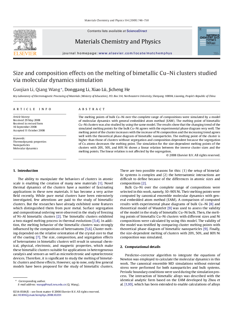 Size and composition effects on the melting of bimetallic Cu–Ni clusters studied via molecular dynamics simulation